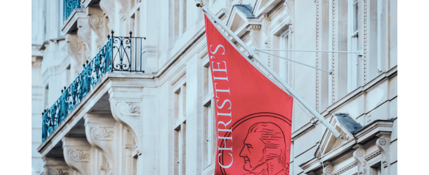 Christies flag hanging outside building